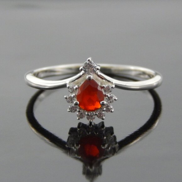 Genuine Mexican Fire Opal Pear Cut Ring in 925 Silver